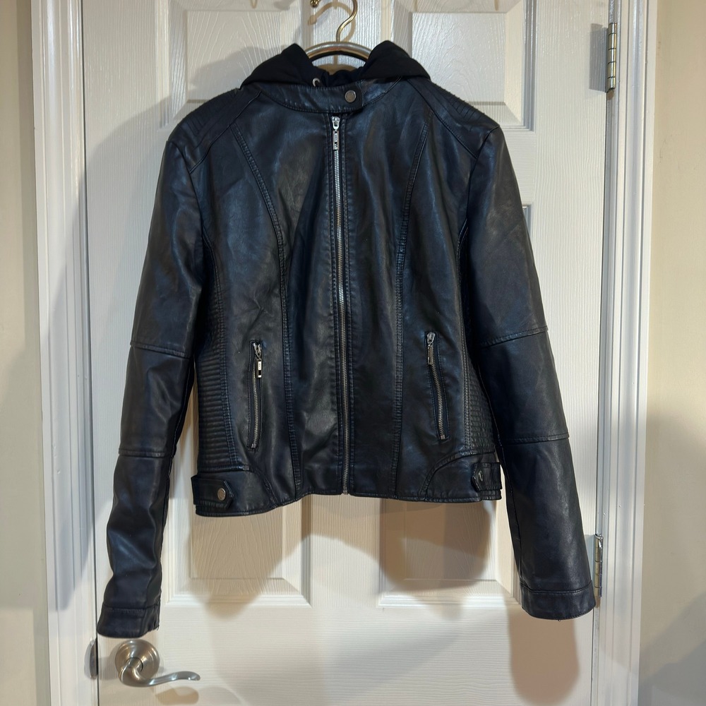 Made by Johnny Women Black Faux Leather‎ Moto Jacket Removable Hood XL WJC1044